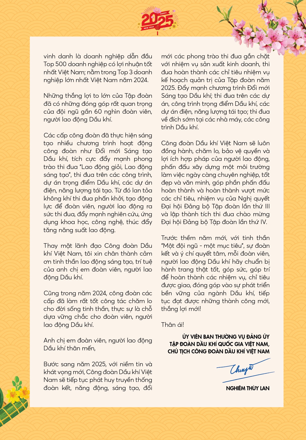 Thư chúc mừng năm mới Ất Tỵ 2025 của Chủ tịch Công đoàn Dầu khí Việt Nam