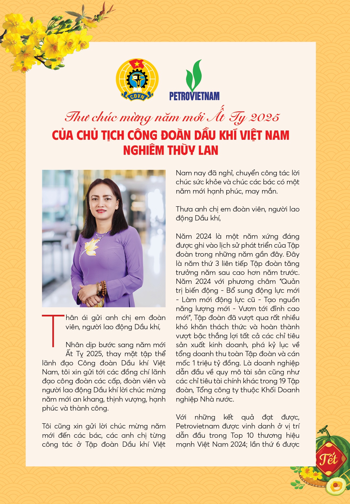 Thư chúc mừng năm mới Ất Tỵ 2025 của Chủ tịch Công đoàn Dầu khí Việt Nam