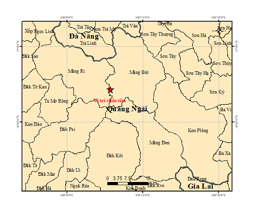 Vị trí trận động đất thứ 15 tại tỉnh Quảng Ngãi.