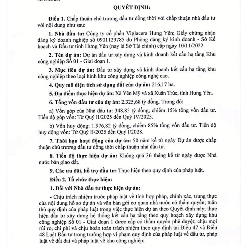 Viglacera chuyển đổi hơn 185ha đất lúa hai vụ xây dựng khu công nghiệp hơn 2.300 tỷ đồng tại Hưng Yên