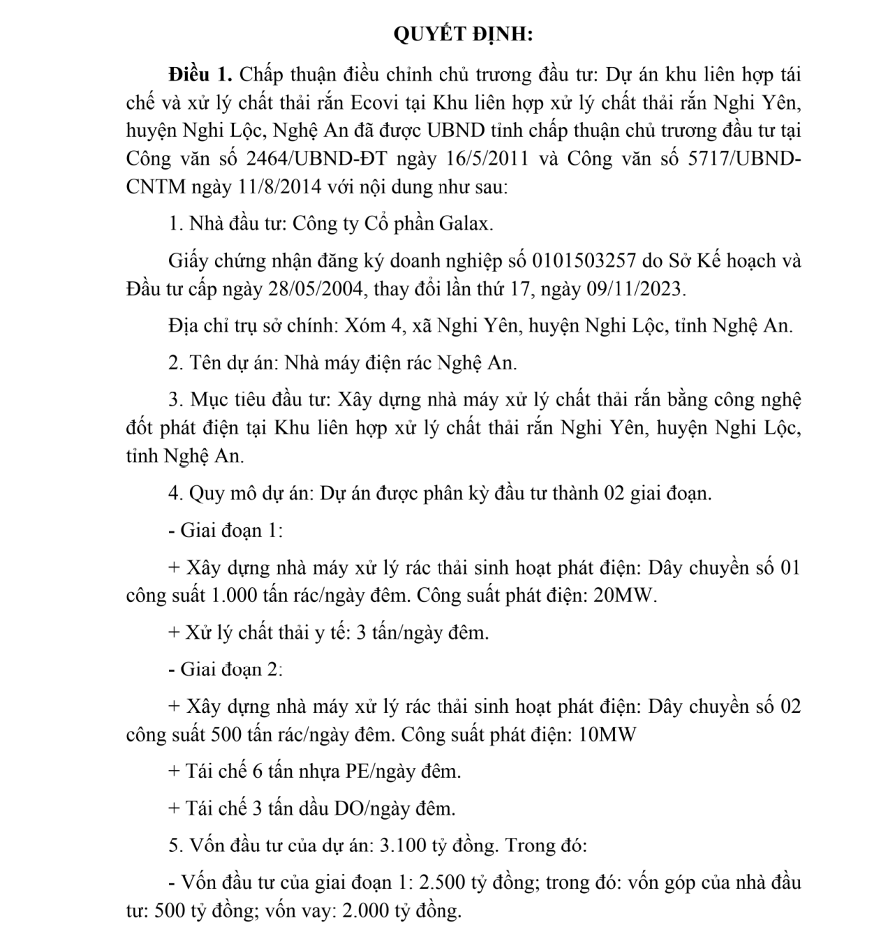 Sau điều chỉnh, dự án Nhà máy điện rác Nghệ An hơn 3.100 tỷ sắp được xây mới