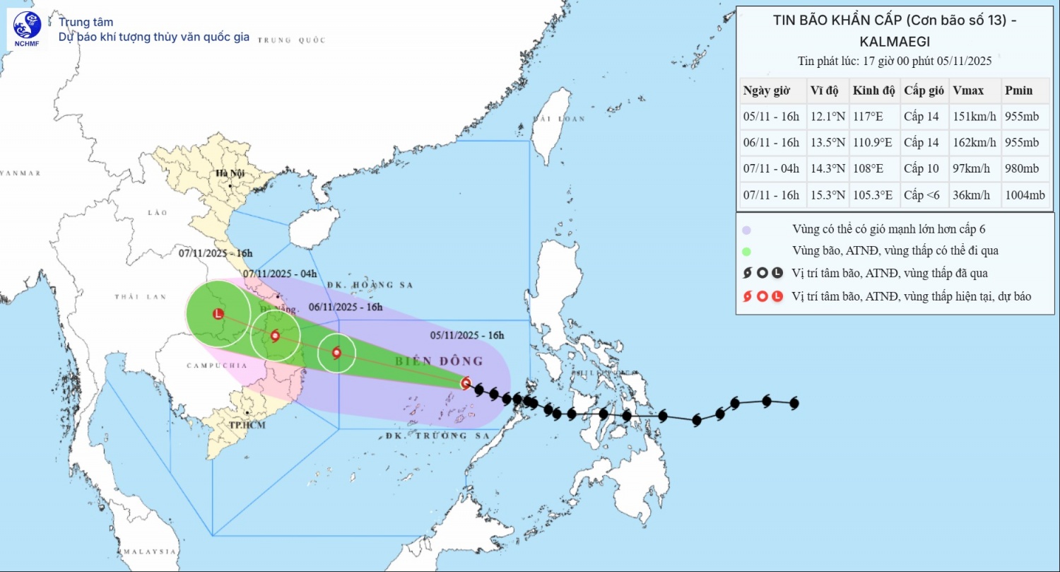 Dự báo hướng di chuyển của bão số 13. Ảnh: Trung tâm Dự báo Khí tượng Thủy văn Quốc gia.