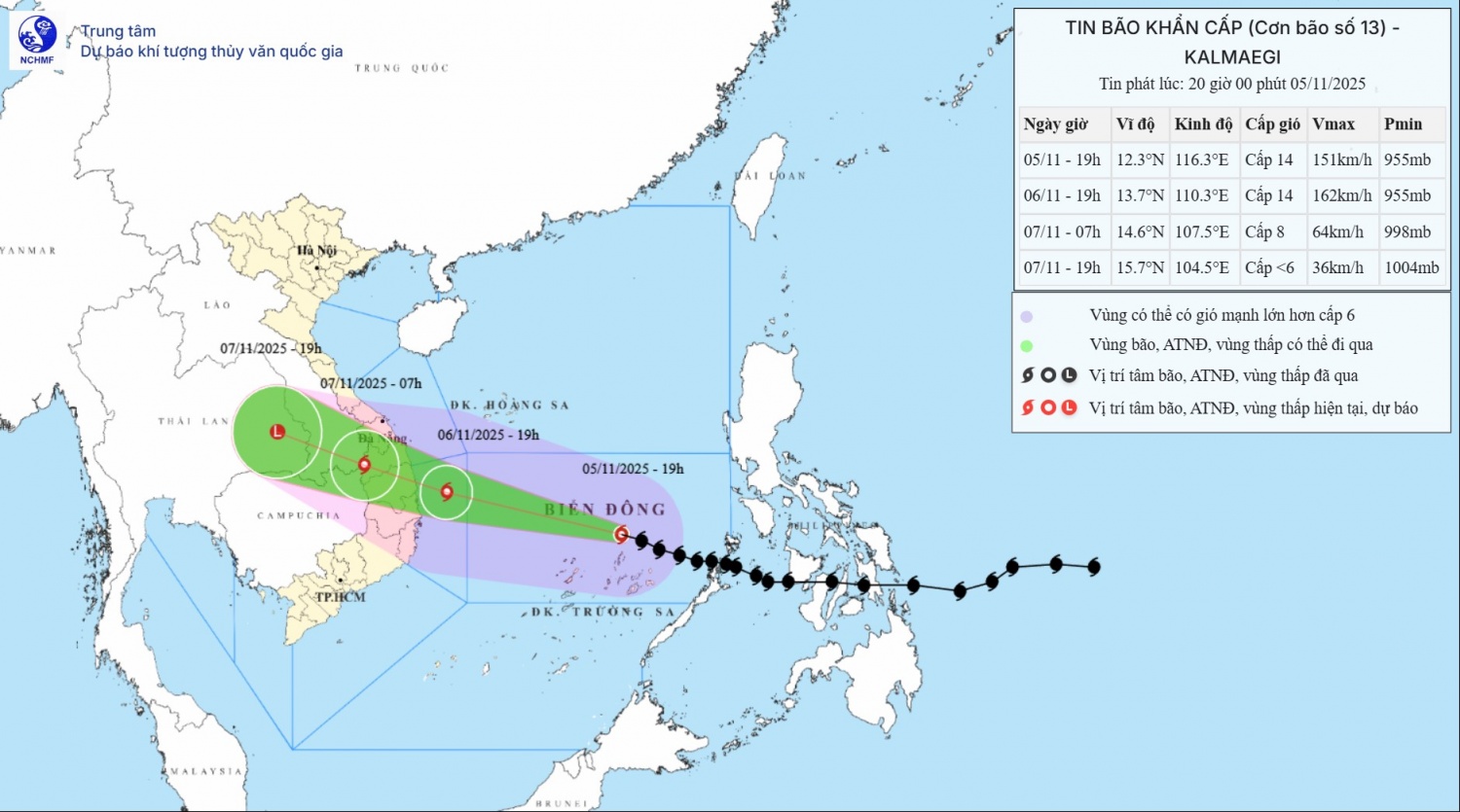 Dự kiến hướng di chuyển của bão số 13. Ảnh: Trung tâm Dự báo Khí tượng Thủy văn.