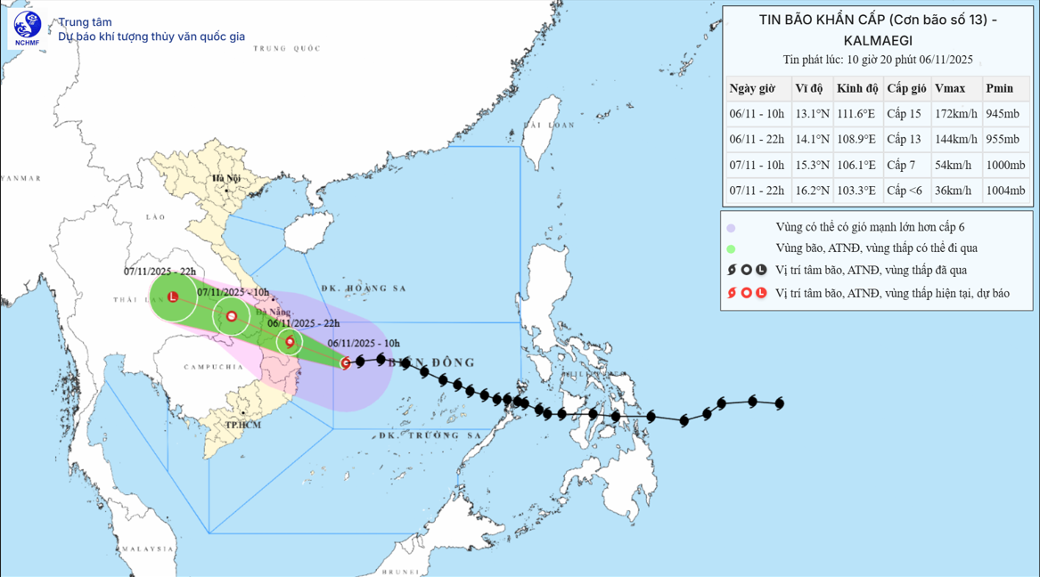 Dự báo hướng di chuyển của bão số 13. Ảnh: Trung tâm Dự báo Khí tượng Thuỷ văn Quốc gia.