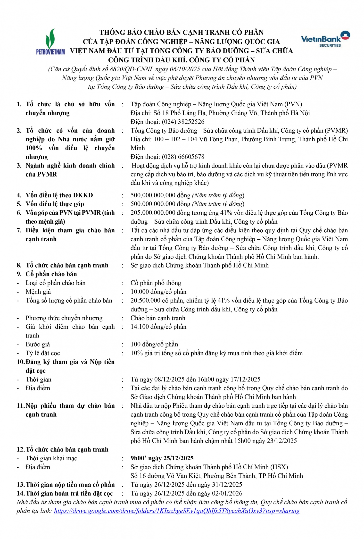 Thông báo chào bán cạnh tranh cổ phần tại Tổng Công ty Bảo dưỡng - Sửa chữa Công trình Dầu khí