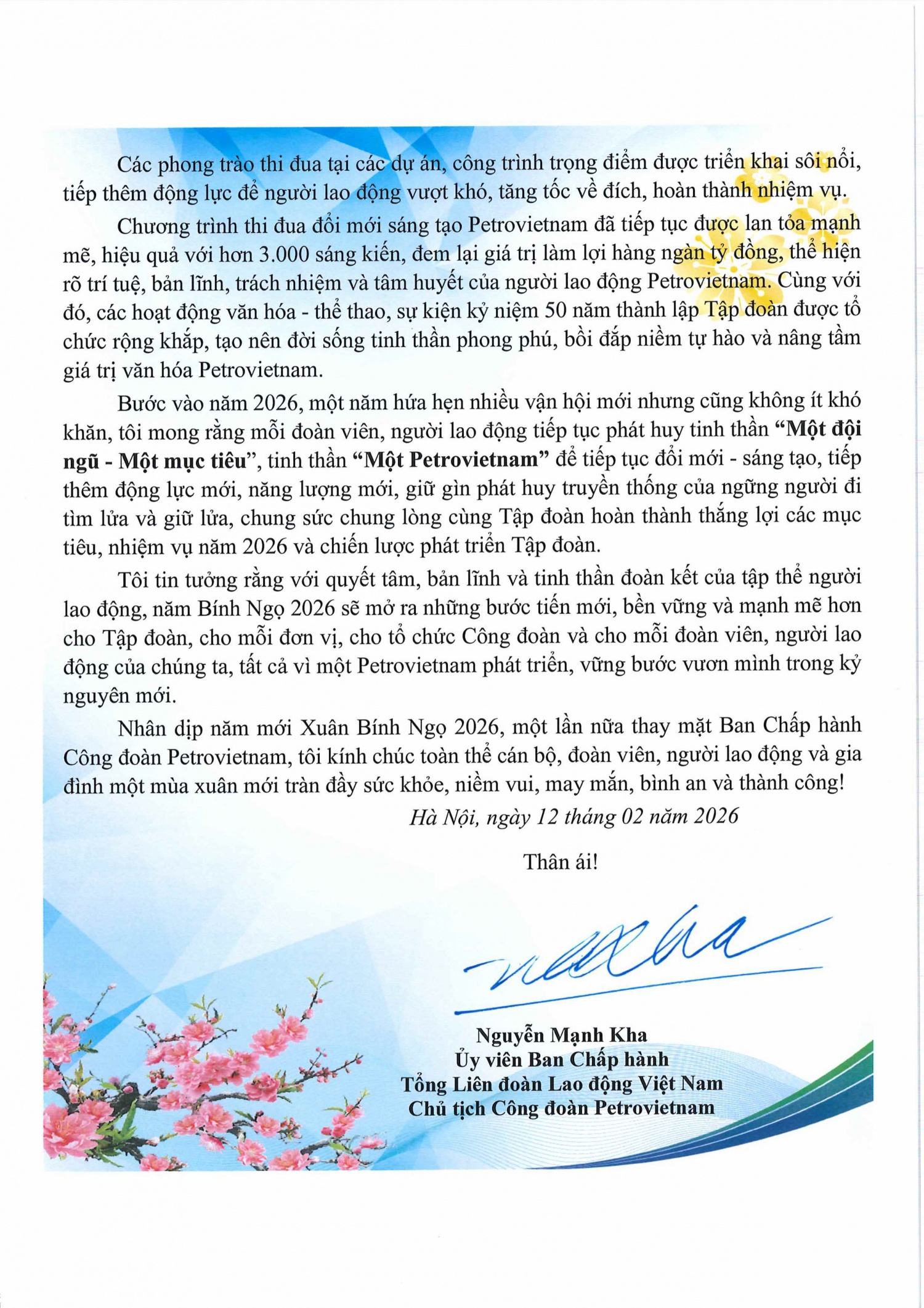 Thư chúc mừng năm mới Bính Ngọ 2026 của Chủ tịch Công đoàn Tập đoàn Công nghiệp - Năng lượng Quốc gia Việt Nam