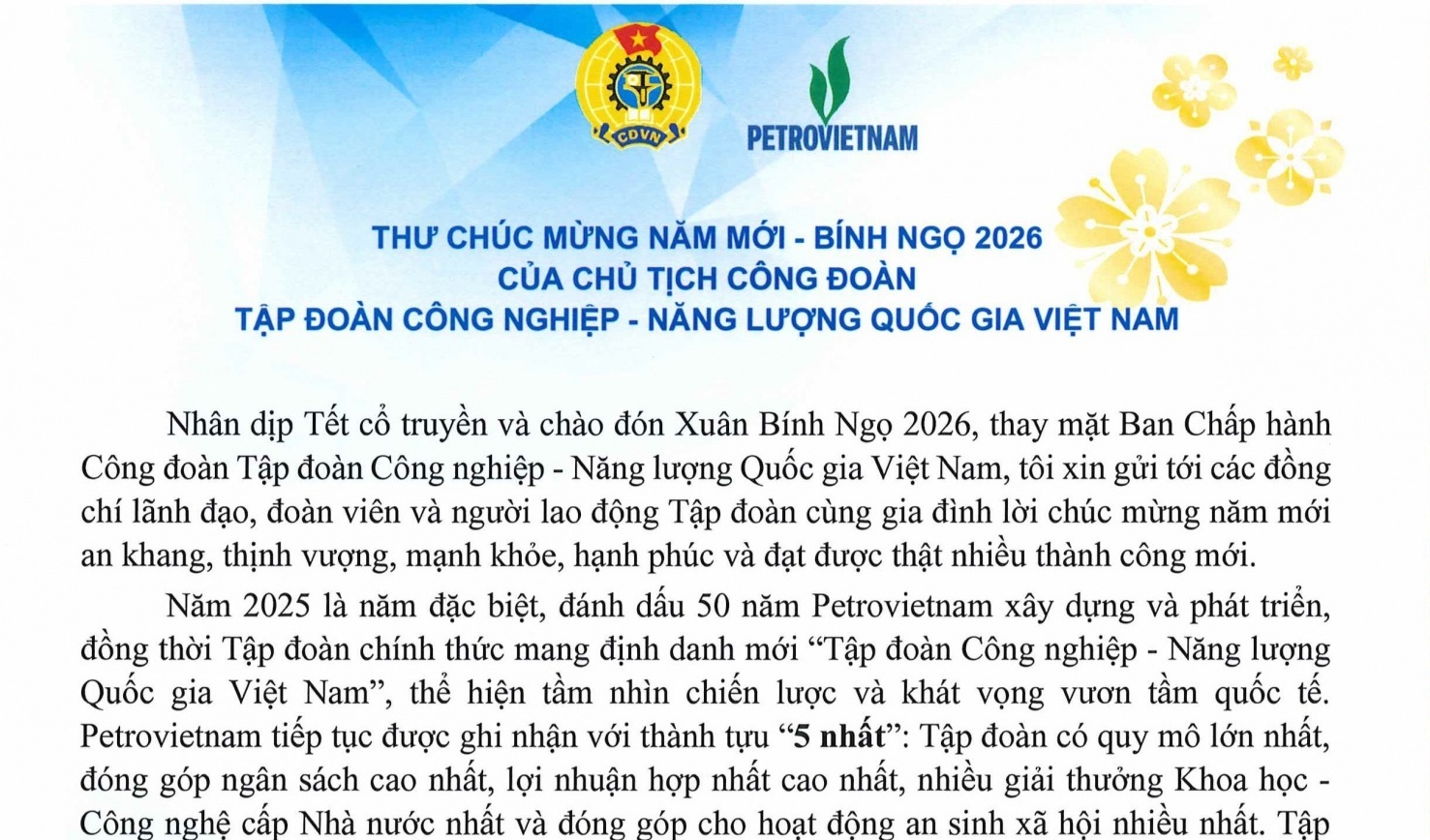 Thư chúc mừng năm mới Bính Ngọ 2026 của Chủ tịch Công đoàn Tập đoàn Công nghiệp - Năng lượng Quốc gia Việt Nam