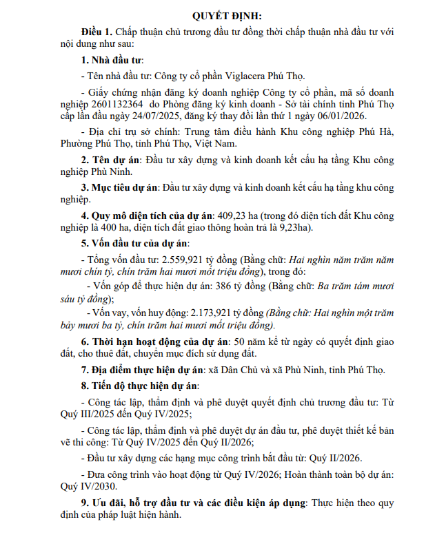 Viglacera Phú Thọ đầu tư hơn 2.500 tỷ đồng xây dựng KCN Phù Ninh