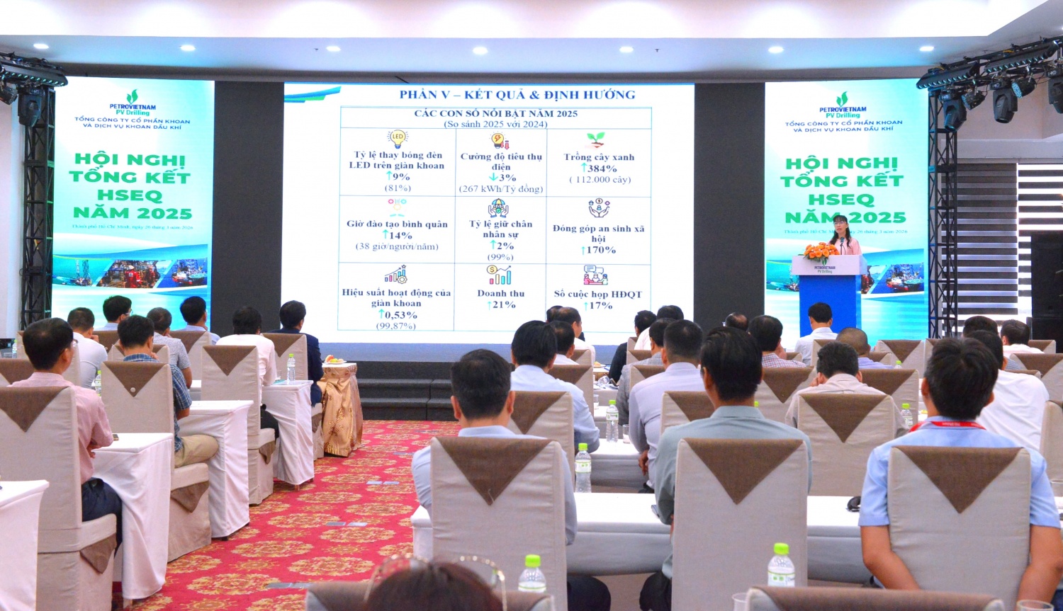 Ban Công nghệ - An toàn Chất lượng và Phát triển bền vững Tổng công ty trình bày tham luận “Hành trình xây dựng và chuẩn hóa công tác Phát triển bền vững tại PV Drilling” 