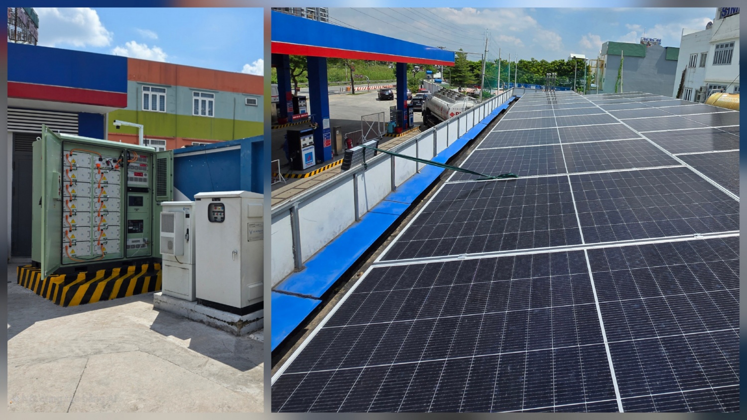 PVOIL triển khai Hệ thống điện năng lượng mặt trời áp mái và hệ thống lưu trữ điện năng tích hợp GRES, góp phần cung cấp năng lượng sạch cho hoạt động trạm sạc xe điện và hoạt động của CHXD. Ảnh: Hệ thống điện mặt trời tại CHXD Phú Hữu