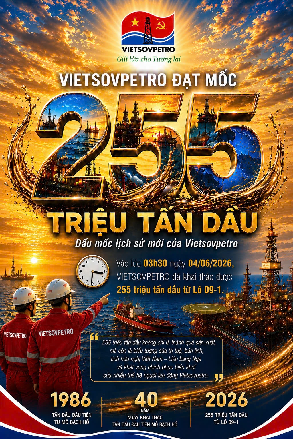 Vietsovpetro đạt mốc khai thác 255 triệu tấn dầu: Dấu son mới trên hành trình chinh phục biển khơi
