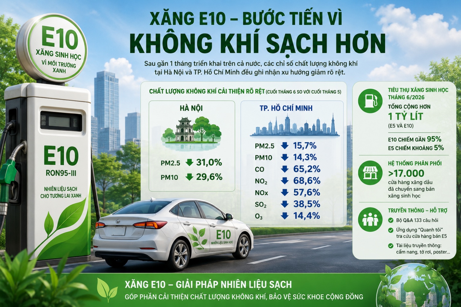 Một tháng triển khai xăng E10: Chất lượng không khí cải thiện, sản lượng tiêu thụ đạt mức cao