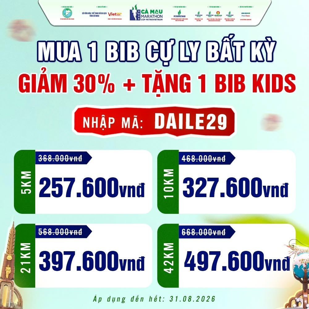 Tuần săn BIB Cà Mau Marathon 2026 - Cúp PETROVIETNAM: Đếm ngược Super Early Bird và ưu đãi dịp 2/9