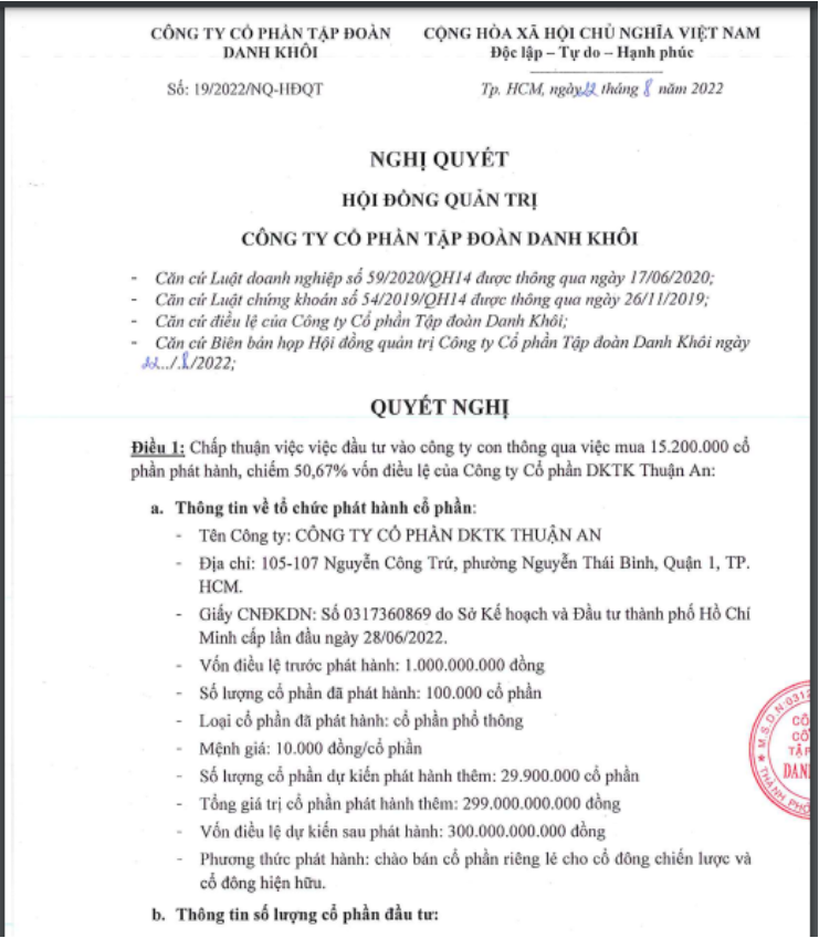 Tập đoàn Danh Khôi thâu tóm thêm một công ty bất động sản “mới toanh”