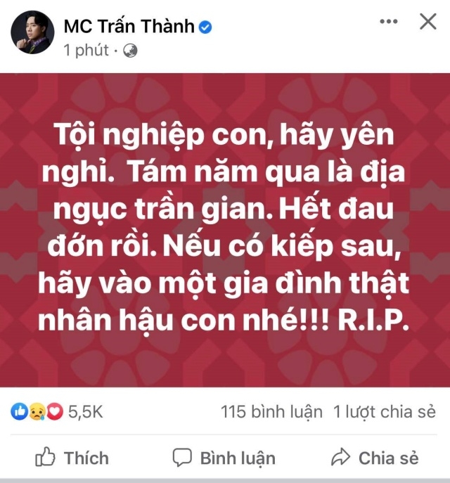 Sao Việt ngày 29/12: Trấn Thành lên tiếng về việc bé gái bị mẹ kế bạo hành đến tử vong